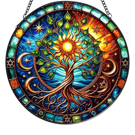 

Stained Glass Window Hanging Decoration Round Suncatcher Panel Home Office Living Room Garden Yard Patio Window Hanging Ornament N