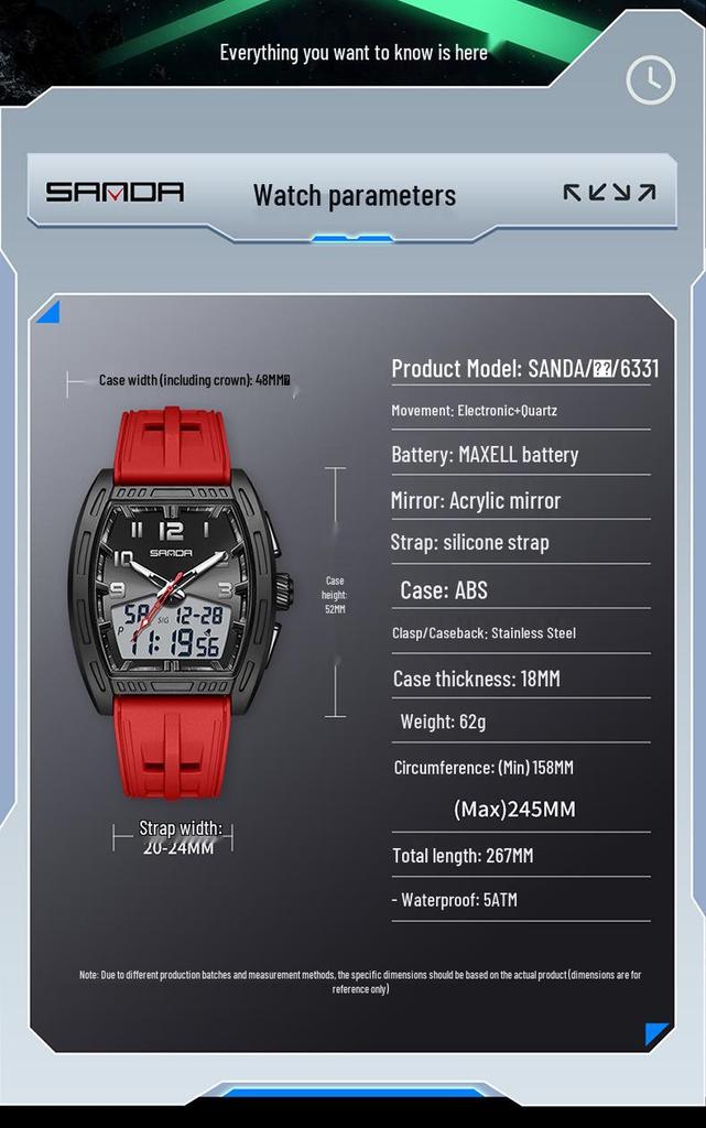 SANDA Men's Waterproof Luminous Sports Watch - Countdown & Multifunctional Barrel-Shaped Electronic Watch with Large Dial