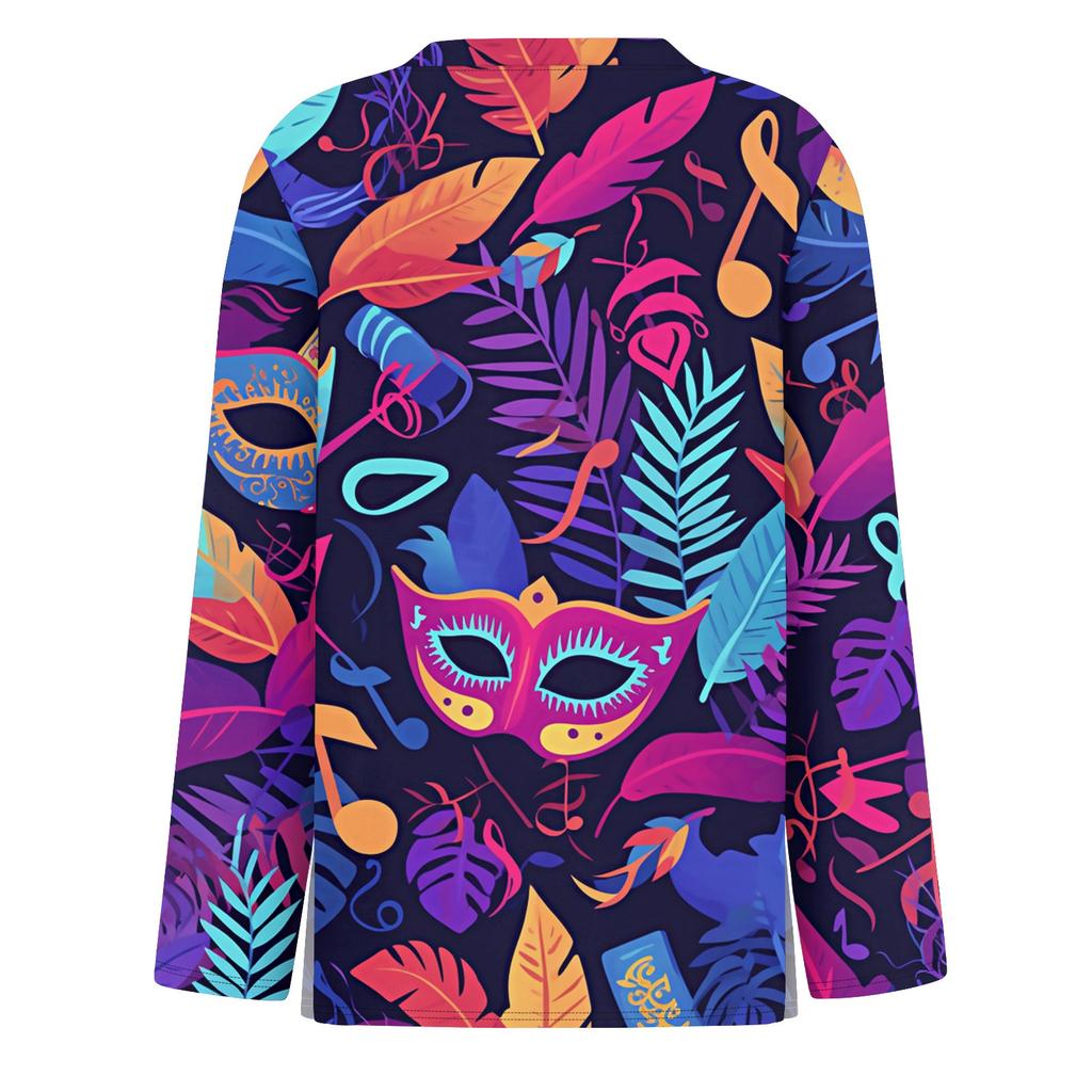 Women's Fashion Casual Slit Hem Round Neck Long Sleeve Loose Printed T-Shirt Top