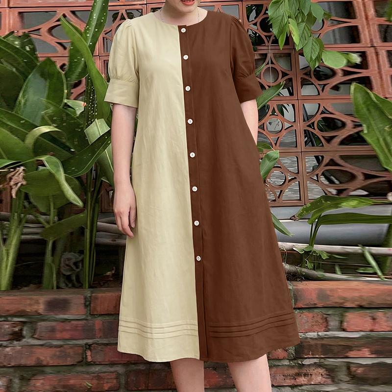 ZANZEA Women Casual Round Neck Loose Half Sleeve Patchwork Dress M