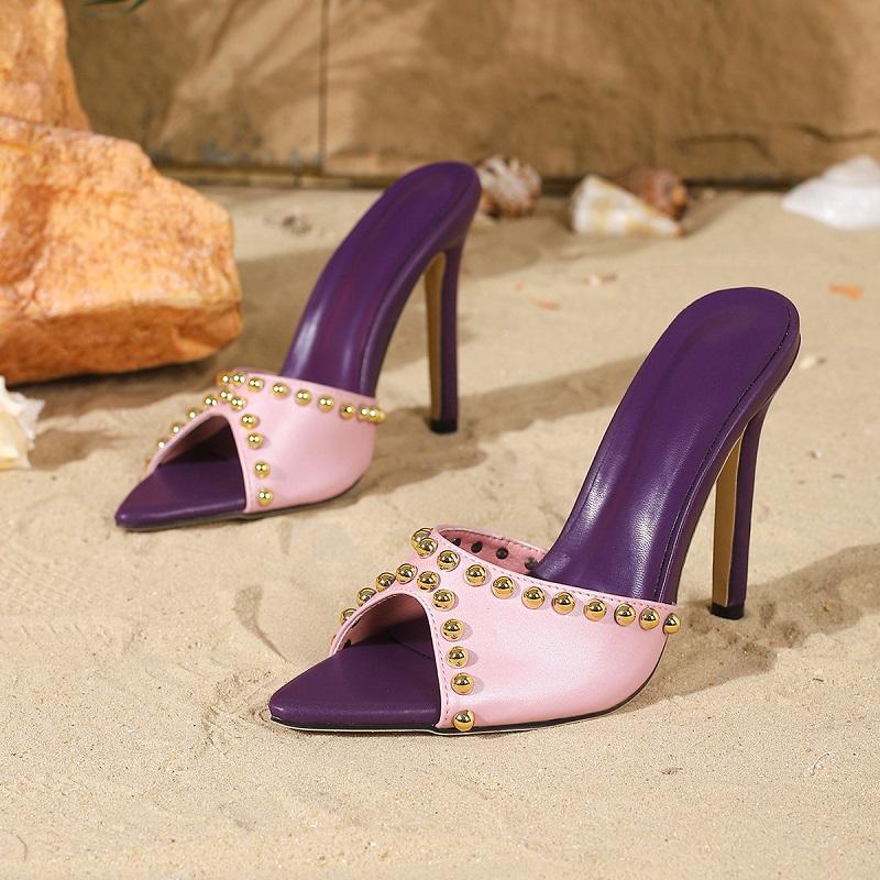 

Eilyken Summer Fashion Metal Decoration Pointed Toe Slippers Women Thin Heels Stripper Banquet Shoes 35 рожевий