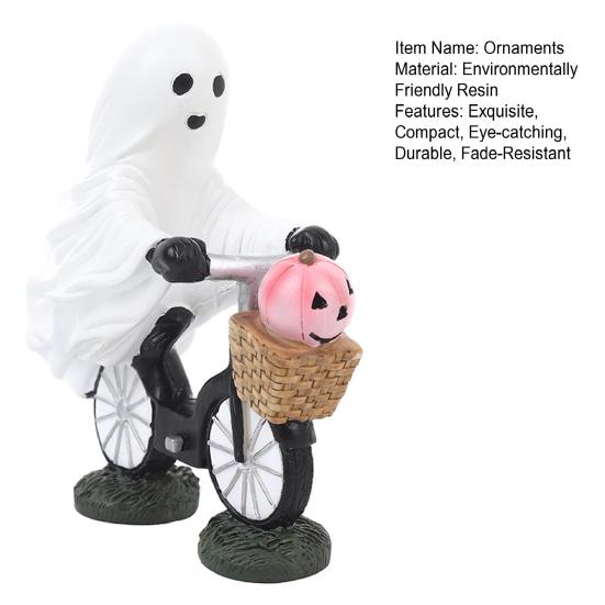 Hand Painted Resin Ghost Decor Halloween Riding Bicycle Figurine, Spooky Desk Shelf for Durable Window Display Home Entryway, Hand-Painted Creepy Cute