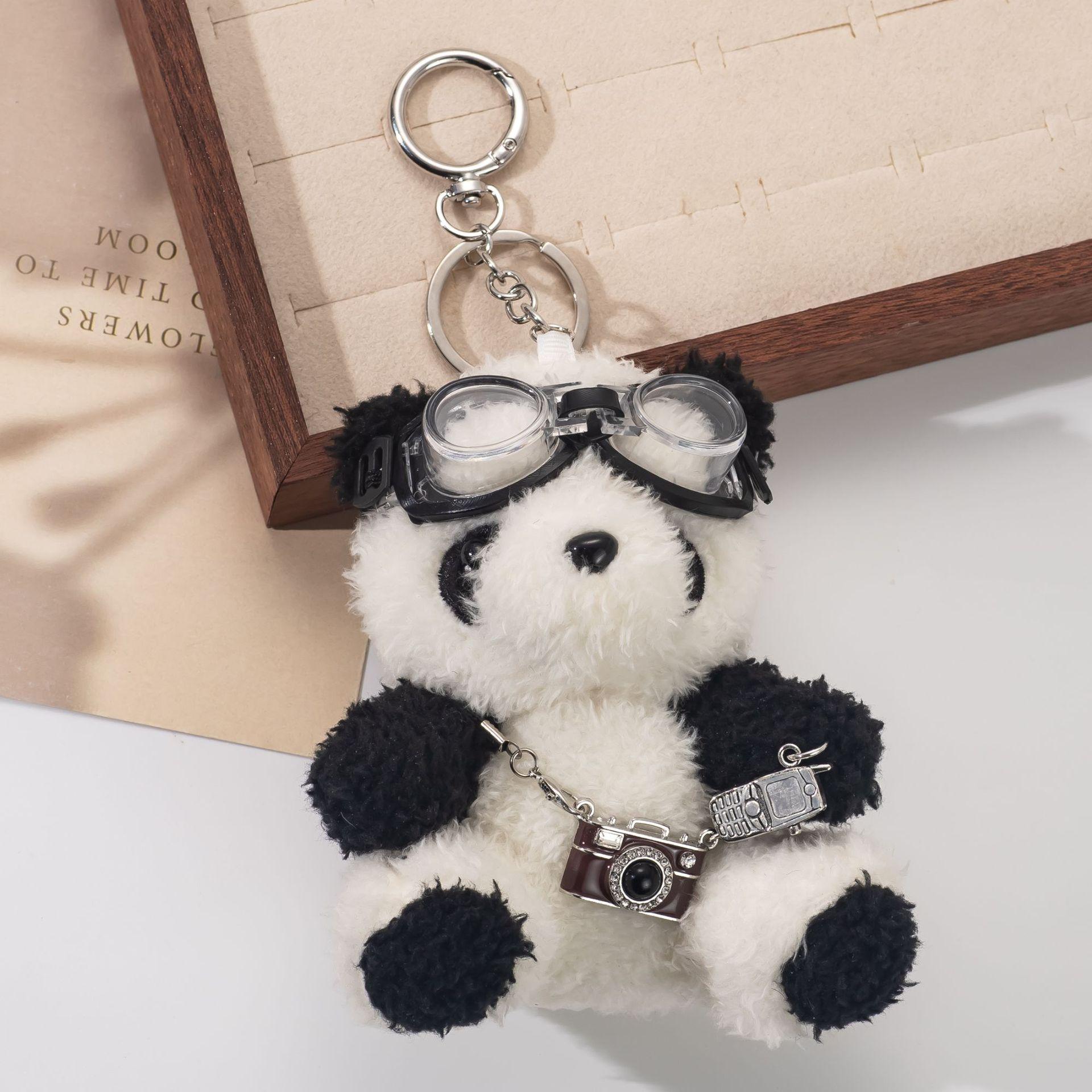 Schattige Pluche Panda Coole Piloot Bril Panda Pop Met Mini Retro Camera Telefoon Bedeltjes Tas Hanger Cadeauzakje Bedel gray