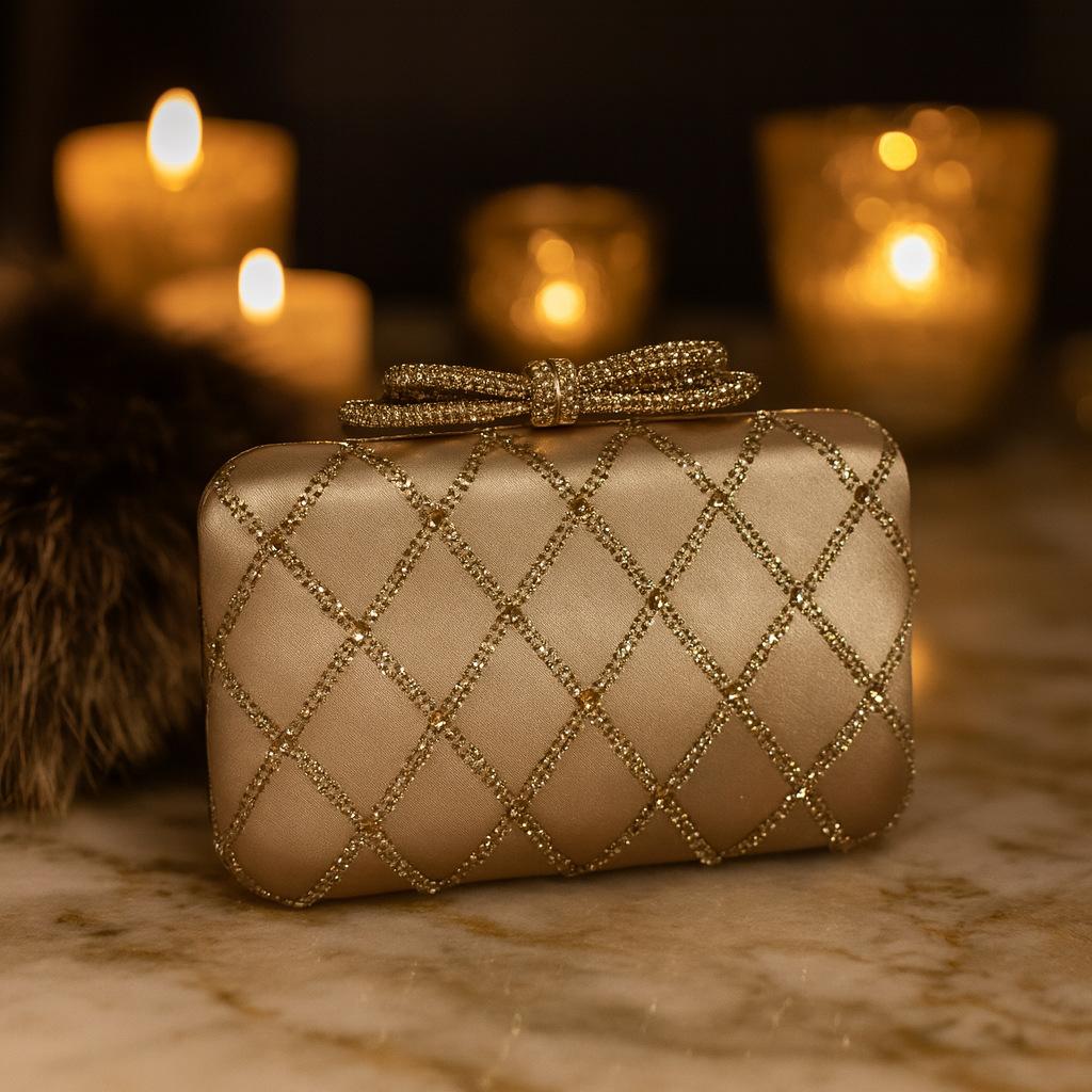 

New Silk Diamond Rhombus Evening Clutch for Women Fashionable Chain Link Shoulder Bag Wedding Party Purse абрикосовий