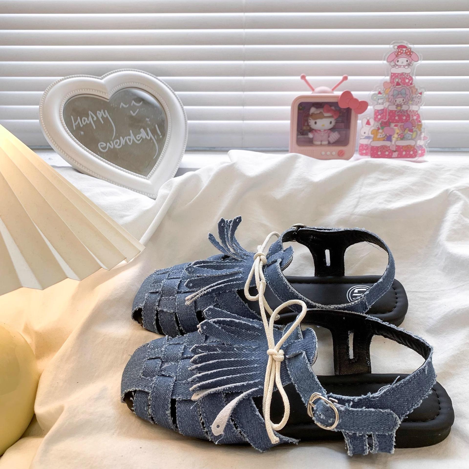 

Сандалии с закрытым носком во французском стиле, женские, на шнуровке, с плетением, летние, в стиле бохо, на плоской подошве, повседневные, для отдыха на природе, в римском стиле 39 джинсовый