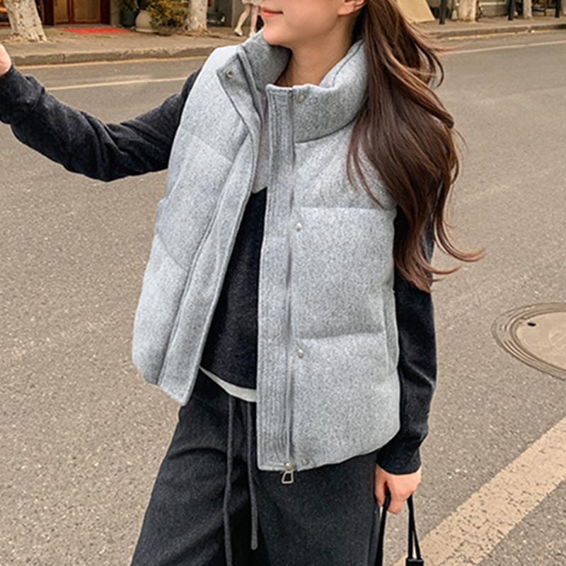 Short Down Cotton Vest Women Autumn Winter New Korean Fashion Sleeveless Stand Collar Zipper Vest Jacket Black Gray Waistcoat