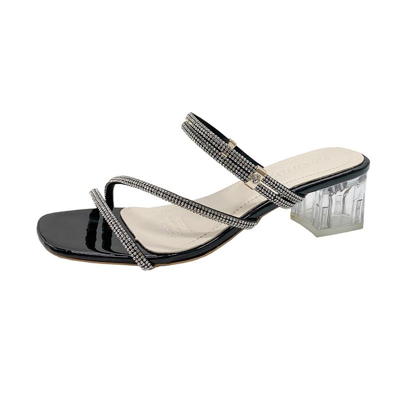 Fairy wind cool slippers female summer wear new Internet celebrity super fire rhinestone middle heel one word drag temperament high heels