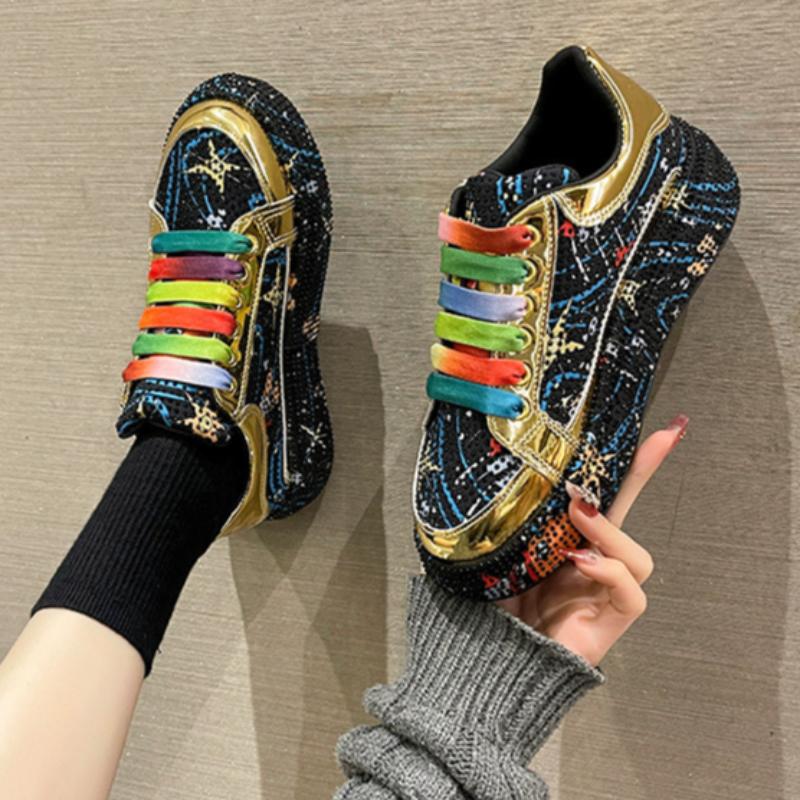Women's Early Spring Full Diamond Fashionable Versatile Thick Bottom Rhinestone Casual Sports Sneakers