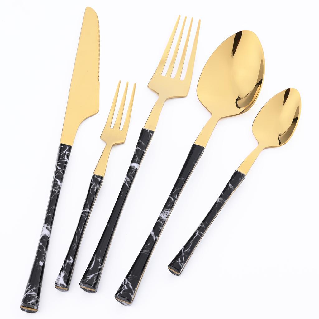 High Quality Black Gold Stainless Steel Dinnerware New Imitation Wood Handle Cutlery Set Knife Fork Coffee Spoon Tableware Kitchen Silverware