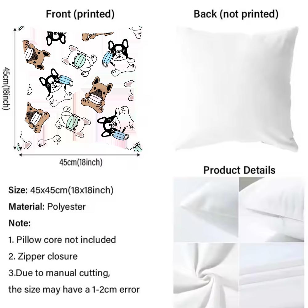 Cartoon French Bulldog Pattern Cushion Cover Reversible Plush Pillow Cover – For car, sofa, bedroom, perfect as a gift.