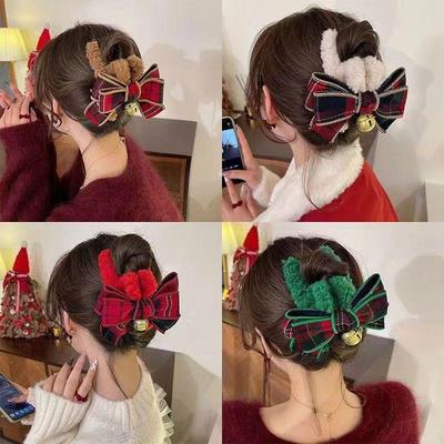 1 Stück Weihnachtsglocke Schleife Plüsch Haarspange, Niedliche Herbst/Winter Hinterkopf-Klammer für Pferdeschwanz- und Duttfrisuren, Große Haarklammer