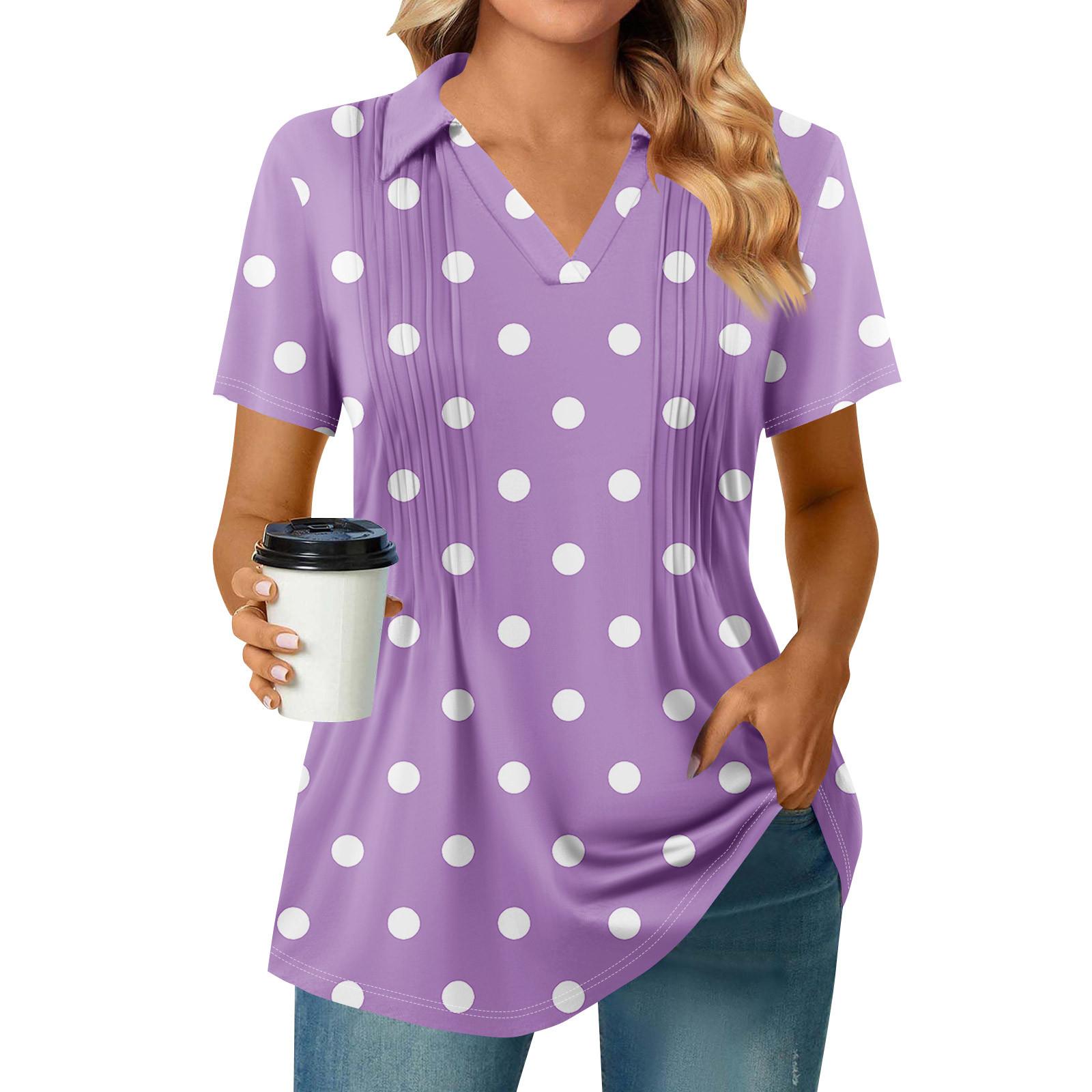 

Женские футболки с коротким рукавом, плиссированные, с V-образным вырезом, с принтом, с воротником, летние топы, модные, деловые, повседневные, рабочие XXXL фиолетовый