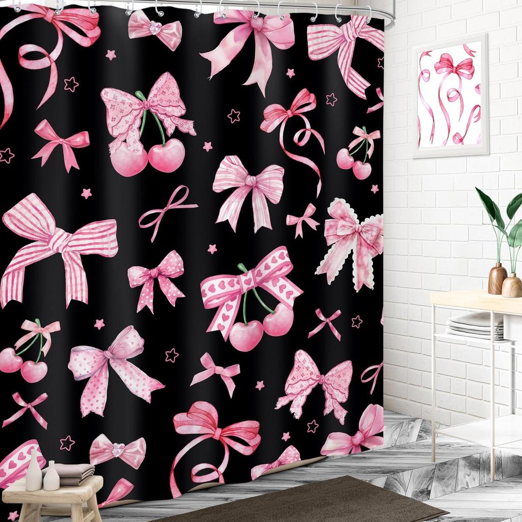 Pink Black Bow Shower Curtain Cherry Girly Preppy Modern Fruit Pretty Sweet Aesthetic for Girls Teens Cloth Fabric
