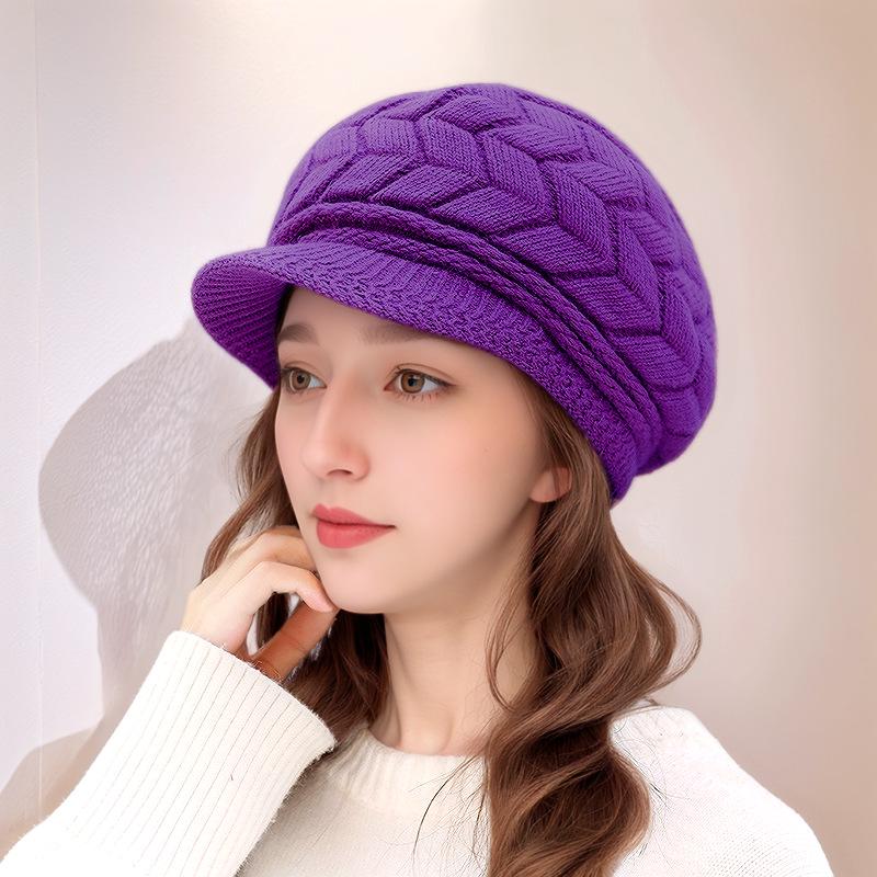 Versatile Solid Color Beret Hat Set for Middle-aged and Elderly Women - Plus Velvet Thick Knit Wool, Autumn/Winter