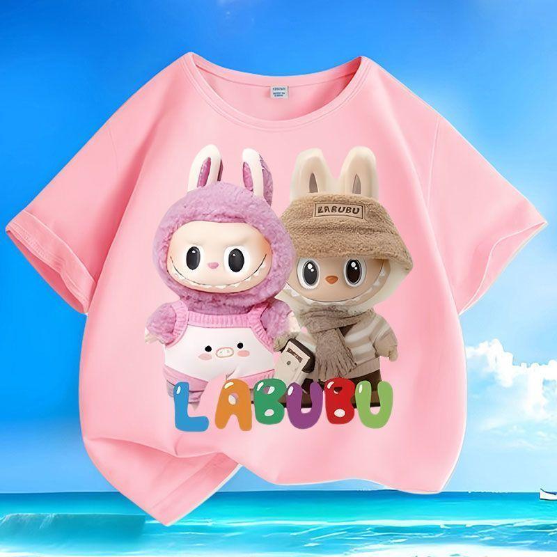 

Summer Labubu Cute Boys and Girls Round-neck Casual Loose T-shirts, Children s Tops, Pure Cotton Short-sleeved Shirts 140