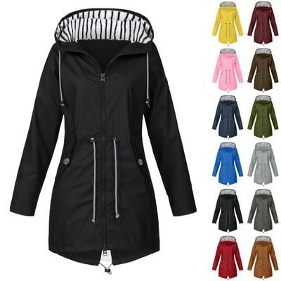 Women Solid Stripe Rain Jacket Outdoor Plus Waterproof Hooded Raincoat Windproof