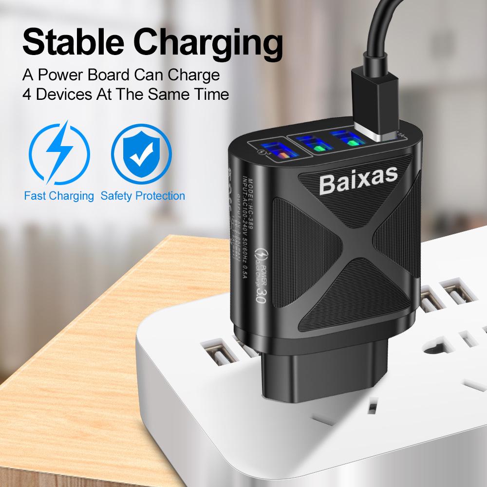 Multi-Port USB Fast Charger QC3.0, 4 Ports, 5V/9V/12V, Compatible with EU/US/UK/AU Standards