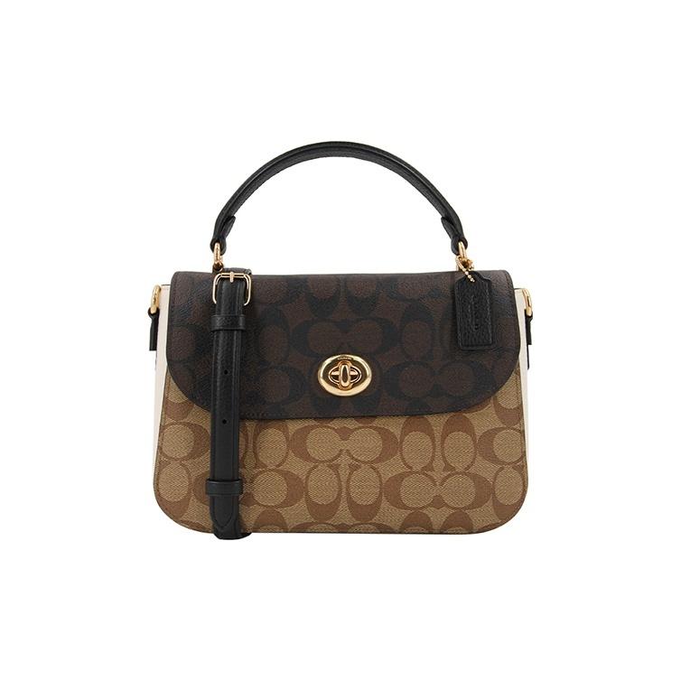

COACH Marlie 24 Flap Bag in Vintage Canvas with Leather Trim Medium-Sized Women s Handbag/Shoulder Bag Black and Dark Brown Basic Set+Yellow Counter Gift Box коричневий/чорний