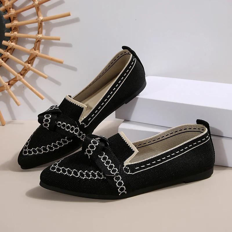 Fashion Rimocy Women Flats 2025 New Knitted Mesh Breathable Loafers Soft Comfort Pointed Toe Casual Shoes Trend Bow Decor Woman Shoes