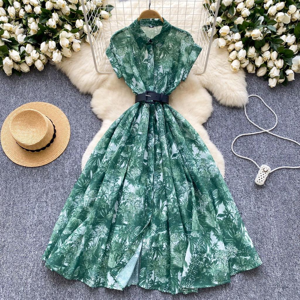Women's Lapel Collar Vintage Midi Shirt Dress Summer Runway Pleated Short Sleeve Retro Jungle Print Belt Ladies Midi Dresses