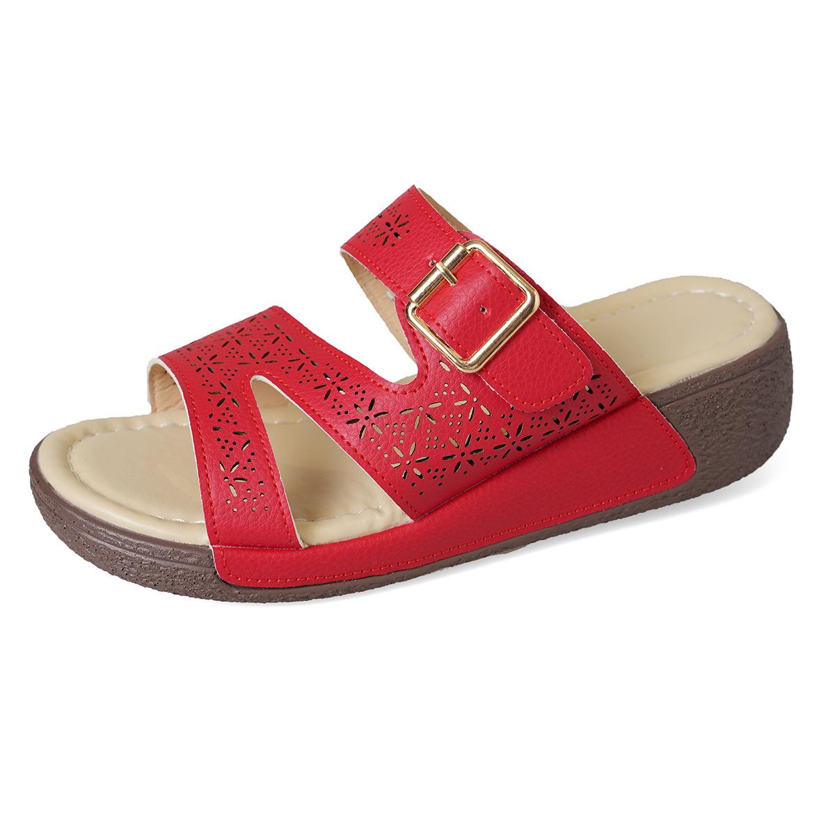 

Модные полые дышащие шлепанцы на танкетке женские летние новые пляжные шлепанцы маффины толстая подошва женские крутые шлепанцы 43 красный