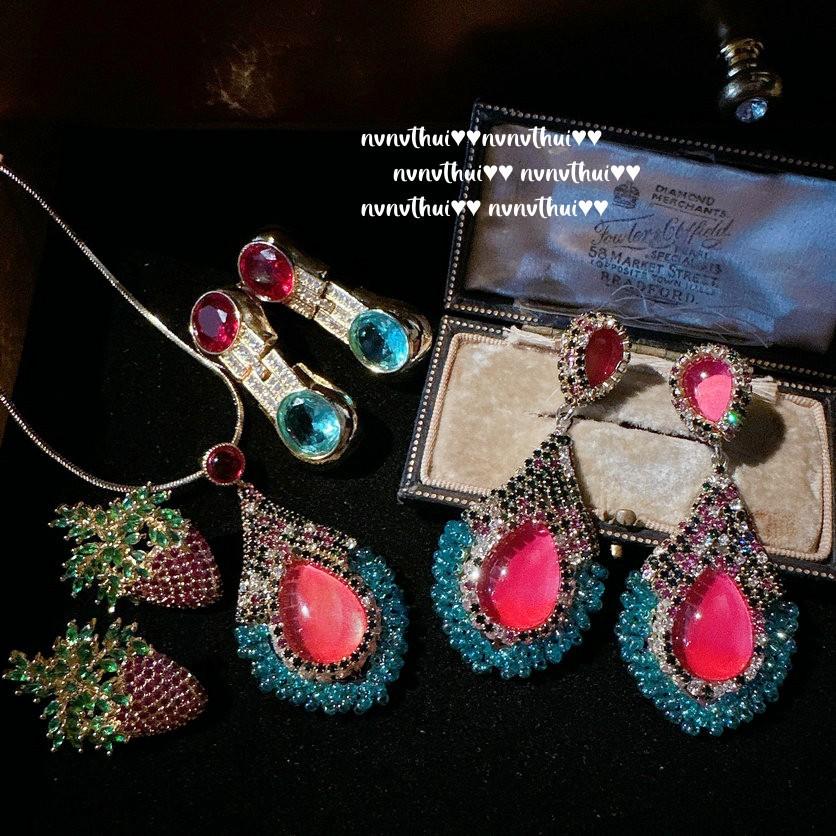 Sotheby'S Peacock Tourmaline Teardrop Jewel Earrings, Antique, 18K Gold Plated, Carmine Strawberry Zircon Earrings