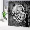 EOBTAIN Halloween Crow Shower Curtain Horror Black Bats and Crows On Dead Tree In Dark Night Shower Curtain for Bathroom Scary Full Moon Polyester