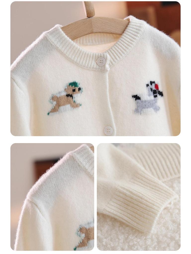 Kinder-Cardigan aus 100% reiner Wolle, gestrickt, mit Cartoon-Motiv, koreanischer Stil, Rundhals-Pullover für Jungen und Mädchen