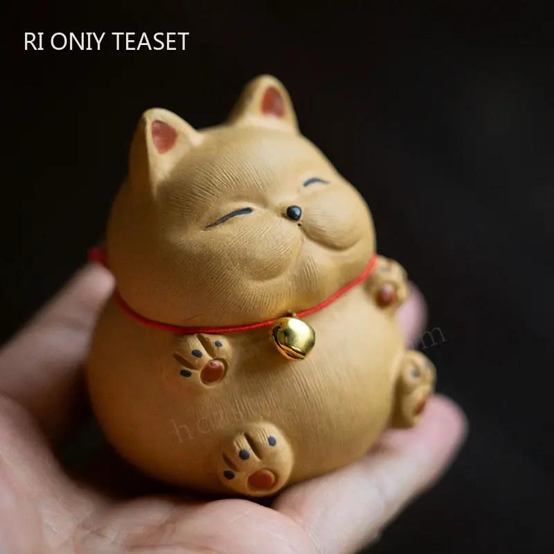 Chinese Yixing Purple Clay Tea Pet Handmade Sculpture Animal Ornaments Lucky Cat Statue Decoration Desktop Decors Crafts Tea Set