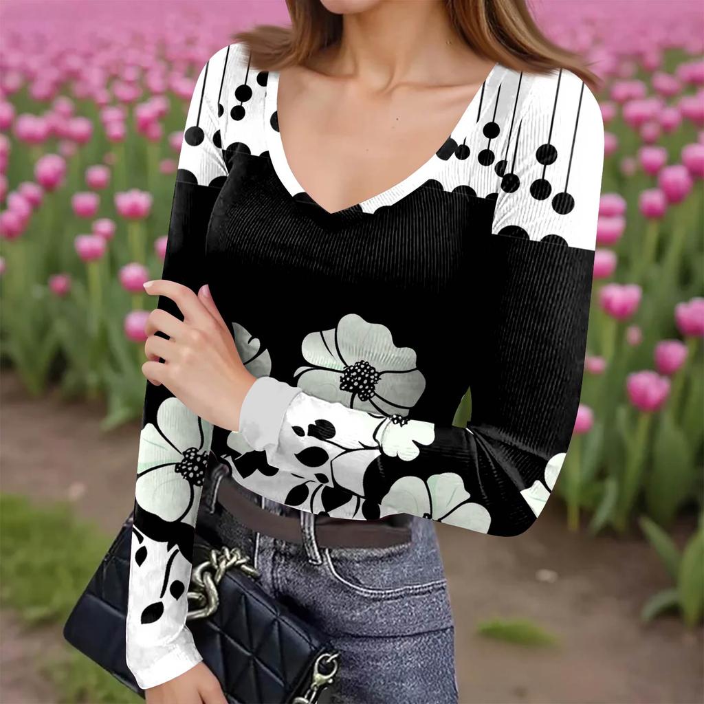 Women's Winter Slim-Fit Base Layer T-Shirt Fashionable Print V-Neck Pullover Long-Sleeved Top