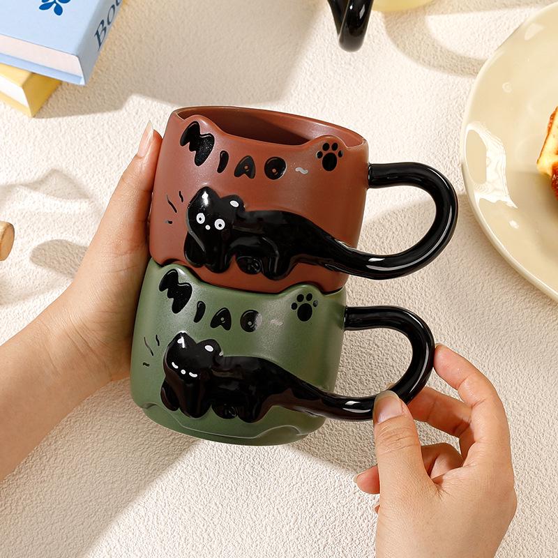 Charming Embossed Black Cat Ceramic Mug - Stackable Cup for Milk, Coffee, Breakfast