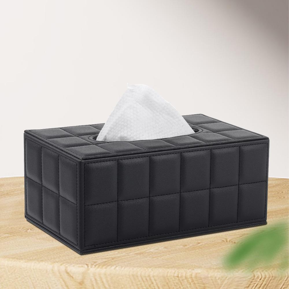 Eco-friendly Black Plaid Leather Tissue Box for Home and Hotel