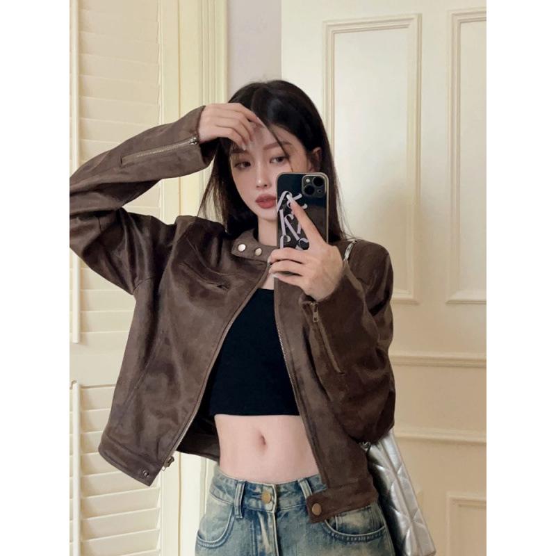 American Retro Distressed Coffee Brown PU Leather Short Jacket - Spring 2025 Hot Girl Stand Collar Versatile Design.