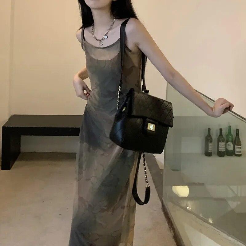Vintage Tie Dye Print Mesh Dress Grunge Gothic Spaghetti Strap Midi Dress Korean Style Party Dress Fairycore Vestidos Summer New