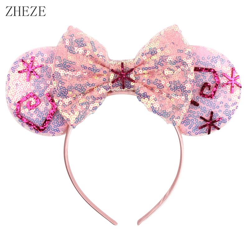 Disney Mickey Uszy Opaska z Cekinami 5" Kokarda Zamek Fajerwerki Opaska do Włosów Dla Dziewczynek Dzieci Featival Impreza DIY Akcesoria do Włosów