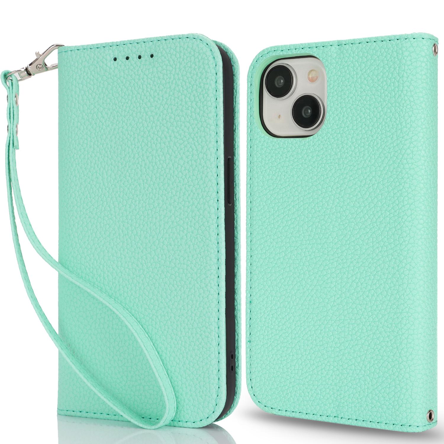 

Stand Case for iPhone 15 Plus/14 Plus Litchi Texture Leather Flip Phone Cover with Strap/Wallet Mint Green