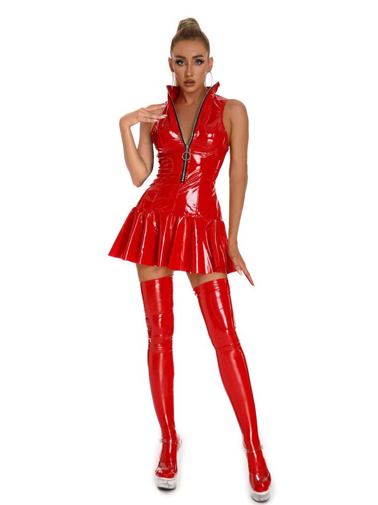 Glänzender Lackleder Bodycon Jumpsuit - Damen Nachtclub Dessous mit Reißverschluss