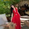 French Halter Waist-slimming V-neck Seaside Vacation Dress, Sexy Pure and Alluring Long Dress