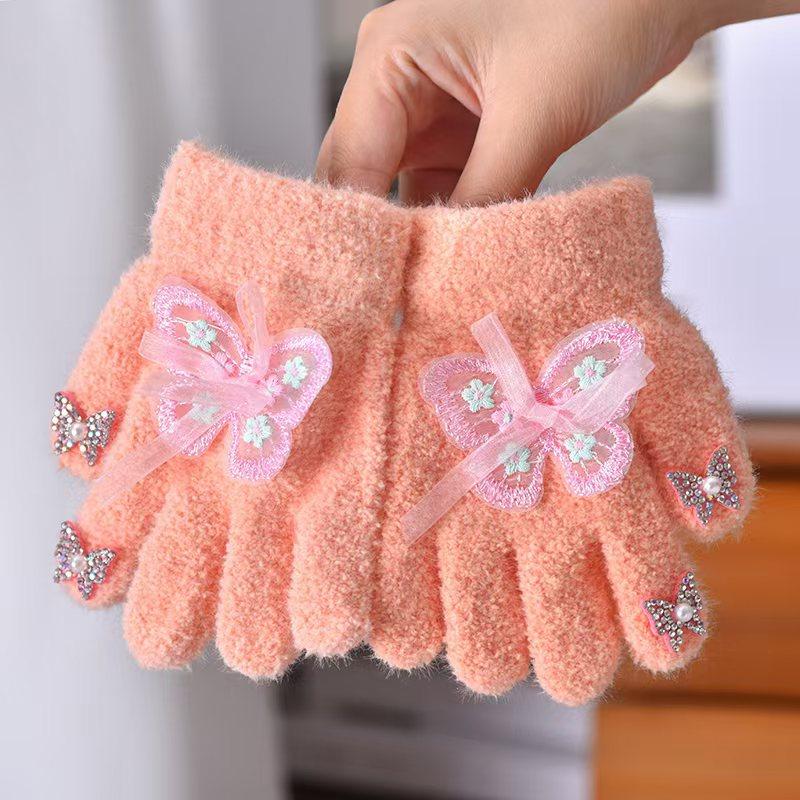 New gloves flower bow full-finger gloves autumn and winter girl finger cute warm thickened cold-proof granular velvet