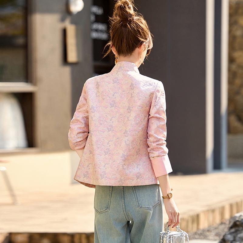 2025 Spring/Autumn Women's Chinese-Style Jacquard Coat with Frog Buttons, Stand Collar, Fashionable and Versatile (ZY8816)