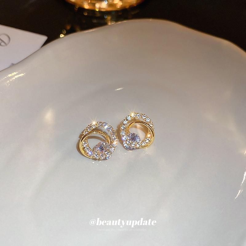 Real Gold Electroplated Silver Needle Zircon Hollow Circle Earrings Super Flash Temperament High-end Stud Earrings Niche Light Luxury Earrings Women