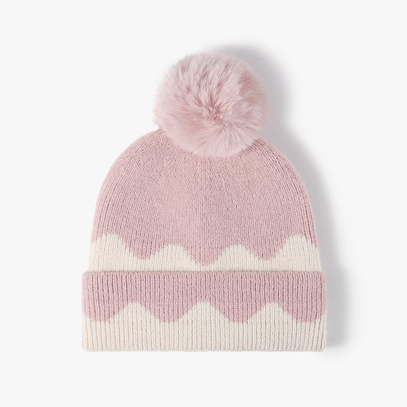 Versatile Warm Thick Velvet with Hairball Women's Color blocked Knitted Hat Fashionable and Simple Outdoor Knitted Hat