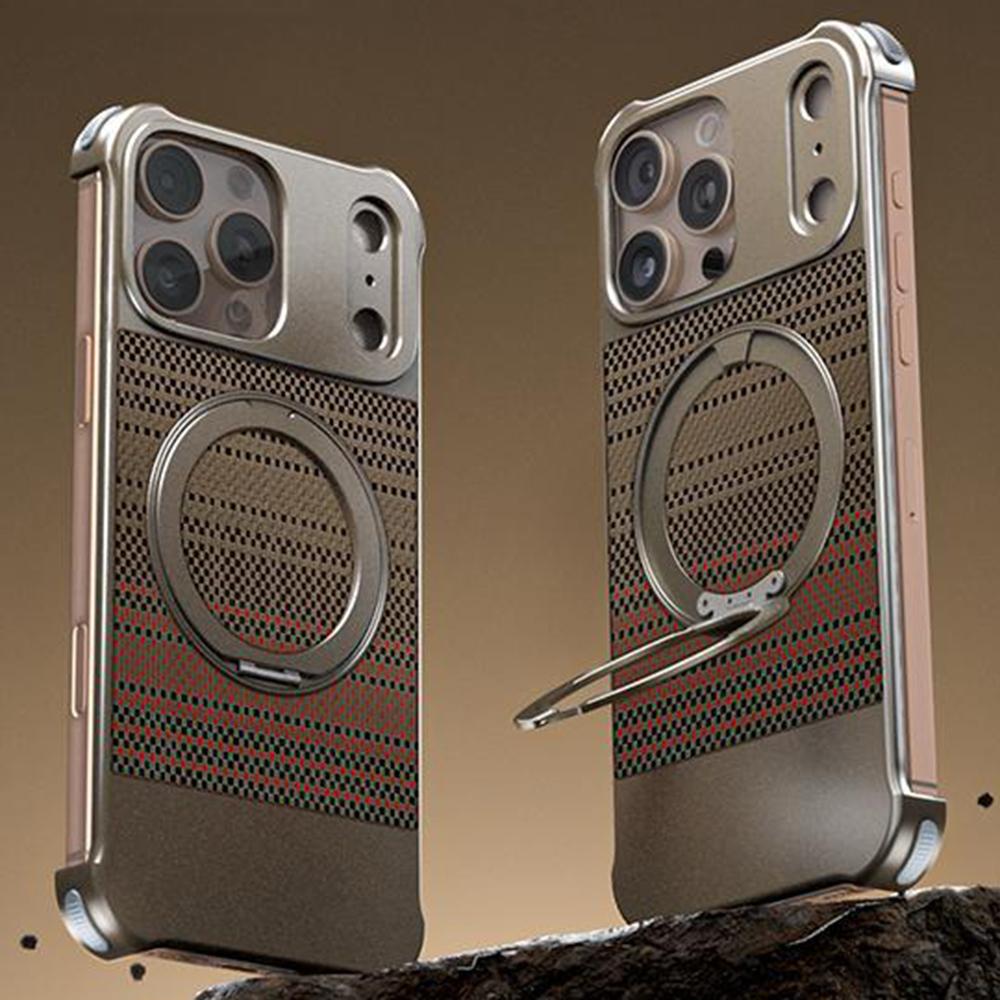 For iPhone 16 Pro Max Magnetic Case Borderless Carbon Fiber Texture PU Metal Phone Cover with Kickstand