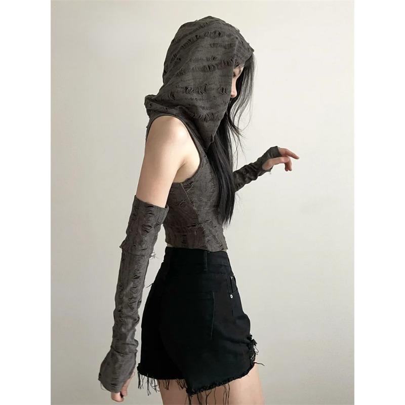 Sylcue Einfarbiges Vintage-Distressed-Design, schlichtes All-Match, modisch, cool, cool, für den Sommer, reisefrei, gestricktes Kapuzenoberteil für Damen