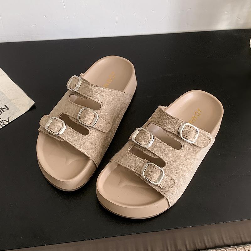 

2025 новая весенне-летняя женская обувь шлепанцы в горизонтальную полоску повседневные нескользящие пробковые крутые шлепанцы 40 хаки