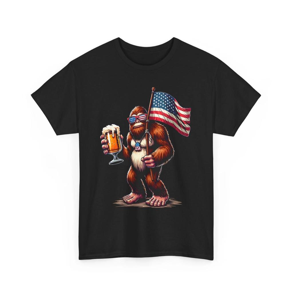 Beer Drinking T-Shirt | Funny Beer Shirt | Bigfoot Drink Beer USA Flag T-Shirt