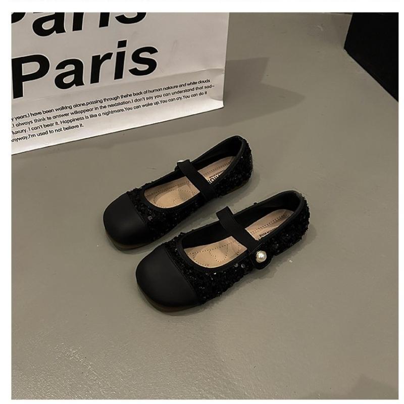 Fashion Women's Flat Shoes Black Round Toe Sequins Ladies Footwear Low Heel Elegant Slip on 2025 Summer Fashionable Korean Style Popular