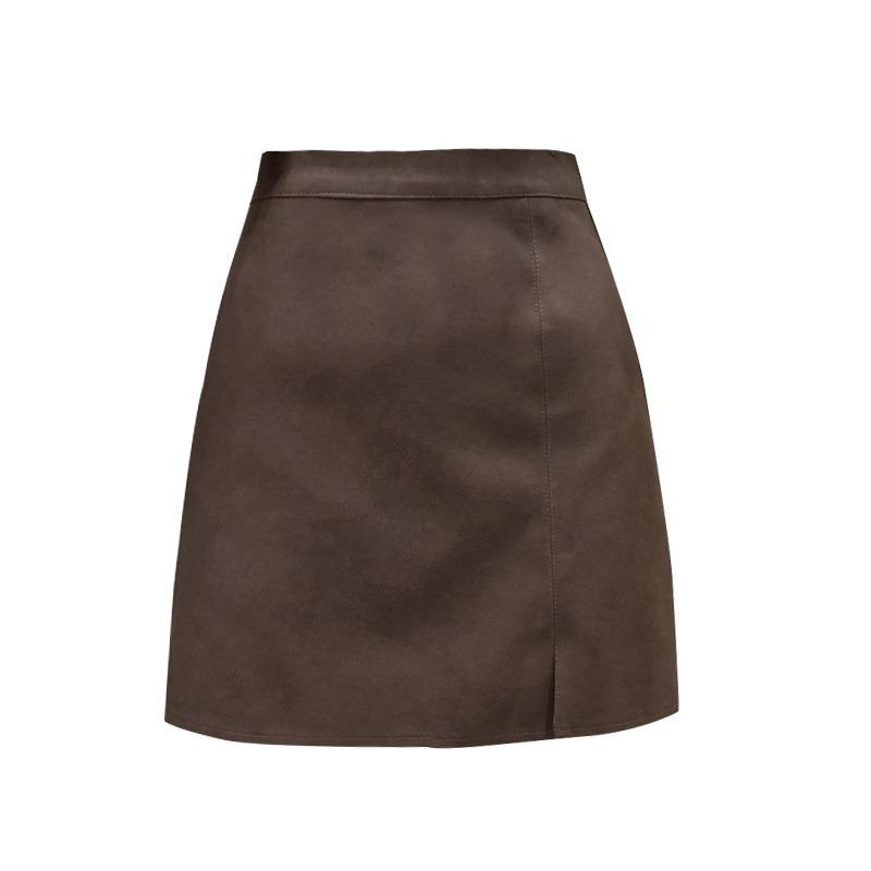 2026 Autumn/Winter Matte Frosted Coffee PU High Waist A-Line Midi Skirt
