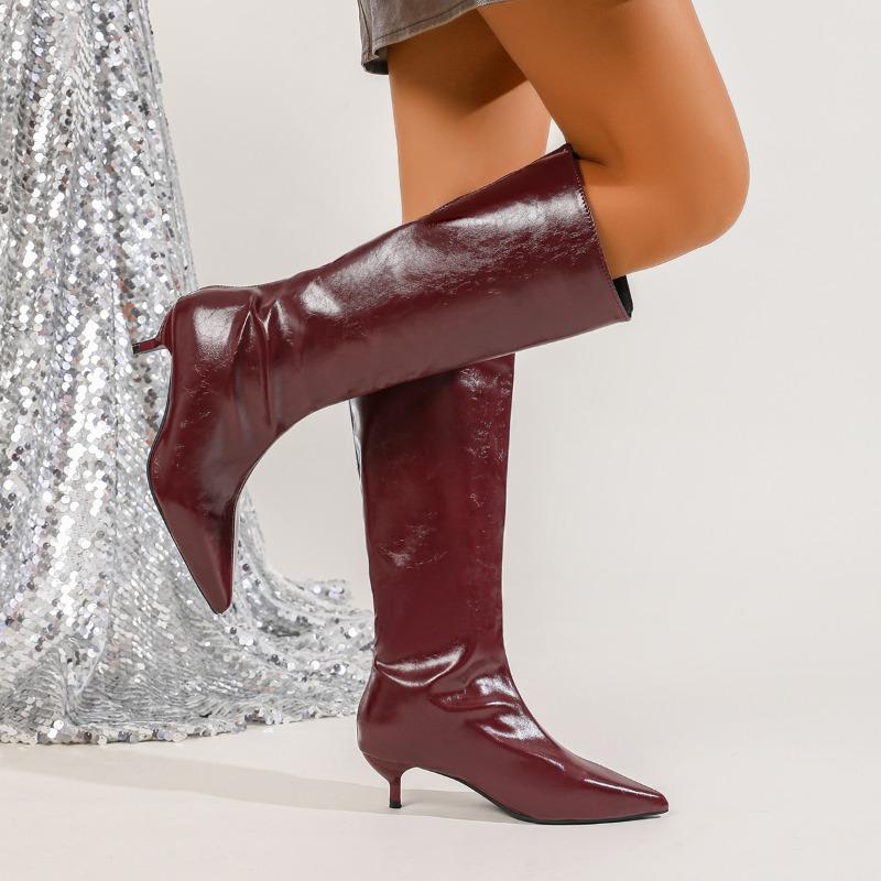 Women's Pointed Toe Stiletto Leather Shoes Fashion Sleeve Soft Sole Non-Slip Tall Boots