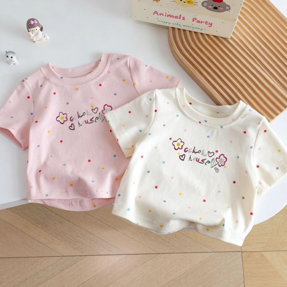 Girls Summer Cotton Short Sleeve T Shirt Cute Cartoon Polka Dot Print Breathable Versatile Kids Trendy Top